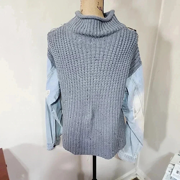 Instinct over Reason Shredded Turtle Neck Denim Sleeves Sweater. Size Medium - Picture 7 of 13